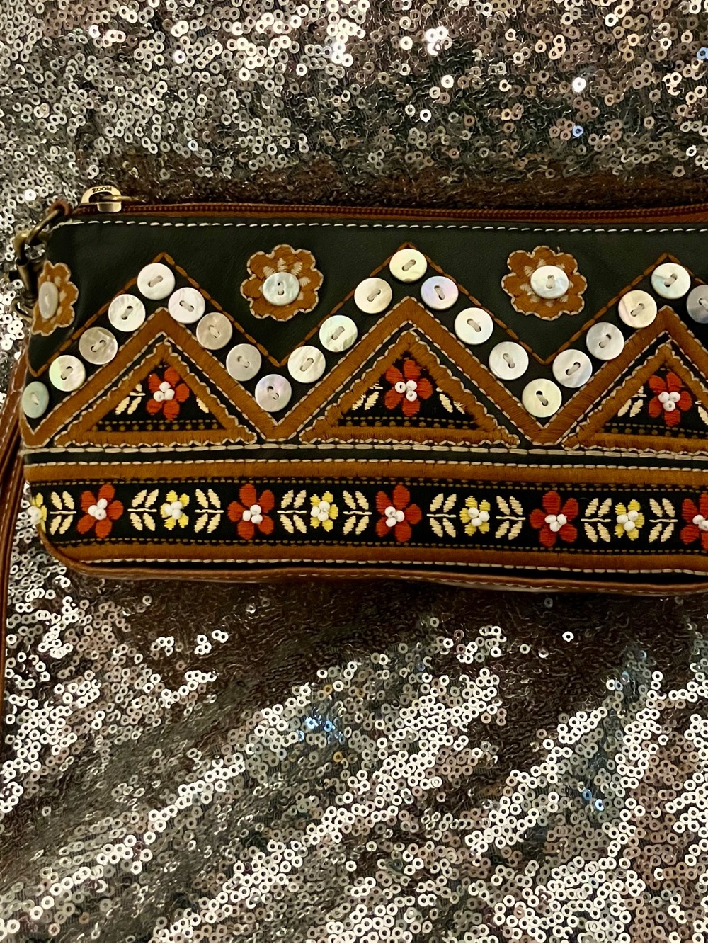 Isabella Fiore Embroidered Beaded Floral Wristlet Clutch - Brown & Black